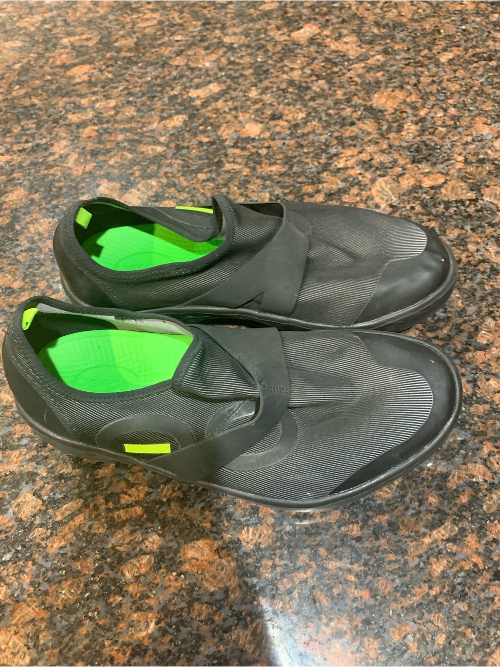 OOFOS Mens Black Slip-On Boat Shoes with Neon Green Insole